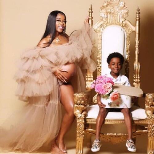 Champagne Ruffles Tulle A-line Long Robe For Pregnant Women Dresses To Photography Off The Shoulder See Thru Women Dresses