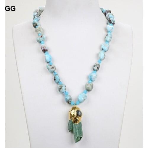 GuaiGuai Jewelry Natural Blue Larimars Nugget Necklace Rough Green Fluorte Pendant For Women