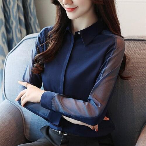 2019 Womens clothing Blouses & Shirts ladies tops plus size office casual long sleeve sexy navy chiffon ware free ship