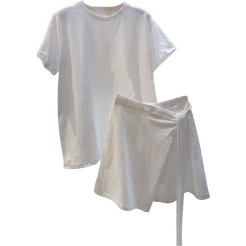 Lace Up Bandage Waist Mini Skirt Korean Solid Sets+Women Two Piece Outfits Short Sleeve T Shirts Multicolor Casual Lady Z473