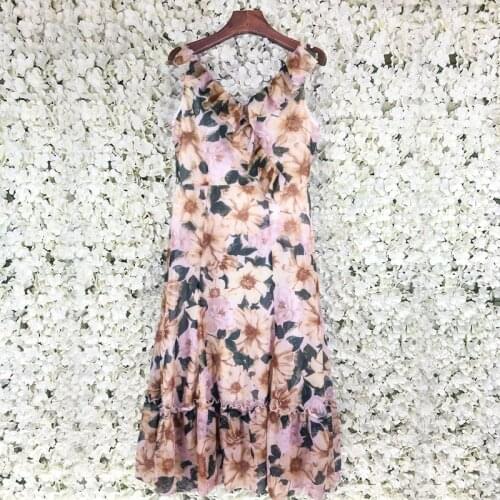 Elegant Sexy V-Neck Ruffled Flower Print Sleeveless Slim Fishtail Midi Dress Brand Design Luxury Sundress Clothes Summer 2021