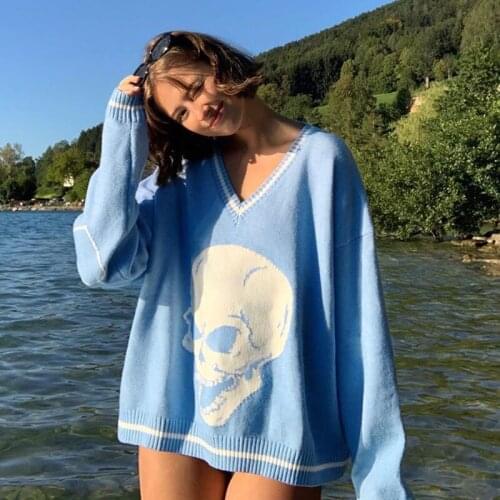Oversized Sweater Autumn Winter Women V Neck Knit Sweaters Harajuku Long Sleeve Skull Print Pullovers Streetwear Jerseys Mujer