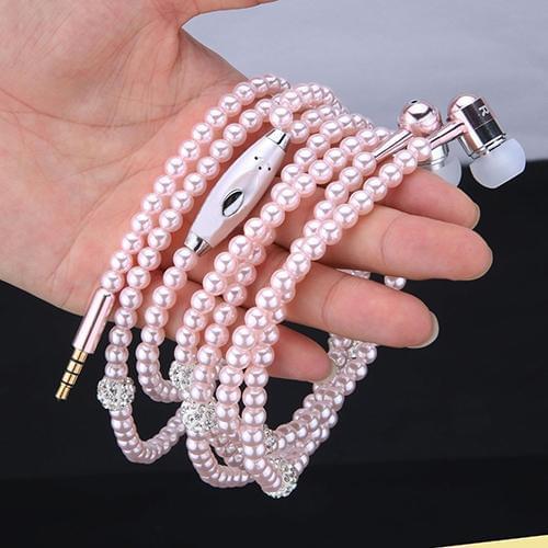Women Fashion Faux Pearl Necklace Headset Line Universal Ear Wired Stereo Headset