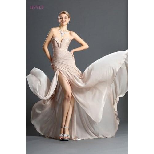 Champagne Evening Dresses Mermaid Sweetheart Chiffon Backless Slit Plus Size Long Evening Gown Prom Dresses Robe De Soiree