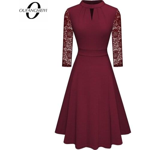 Women Vintage Chic Floral Hollow Out Lace Patchwork Elegant New Year Party Flare A-Line Dress EA234