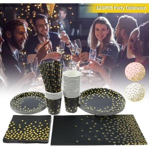 Black and Gold Party Supplies 121 Pieces Golden Dot Disposable Party Dinnerware Black Paper Plates Napkins Cups Gold Plastic