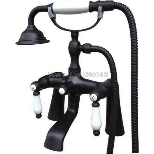 Black Oil Rubbed Bronze Deck Mounted Bathroom Telephone Style Handheld Shower Head Faucet Dual Handles Bathtub Mixer Tap Wtf504