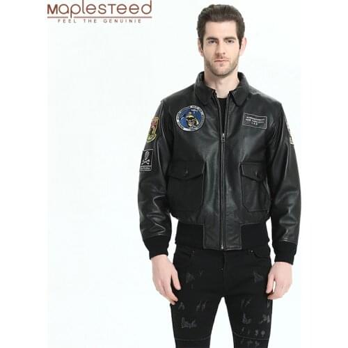 Men Genuine Leather Jacket 100% Real Calf Skin Flight Suit Aviator Leather Jackets Printed Mens Leather Coat Pilot Autumn M196
