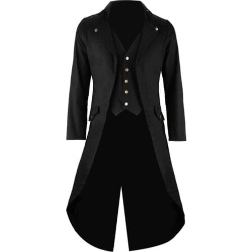 Mens Gothic Tailcoat Jacket Steampunk Trench Cosplay Costume Victorian Coat Black Long Coat Mens Tuxedo Suit Halloween Party