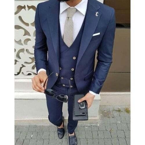 2018 New Arrival Custom Navy Blue Suit Men Tailcoat Slim Fit 3 Piece Prom Tuxedo Tailored Groom Wedding Suits Blazer Masculino