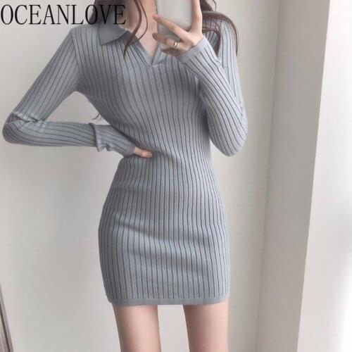 OCEANLOVE Robe Femme Solid Knitting V Neck High Waist 2021 Autumn Winter Women Dresses Slim Korean Vintage Vestidos Stretch