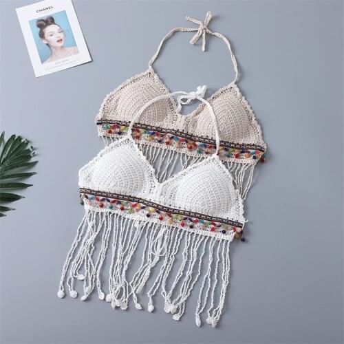 Boho Clothing 2021 New Summer Beach Camisoles Halter Crop Top Sexy Hollow Out Crop Tops Camis Tassel Bead Padded Bra Beachwear