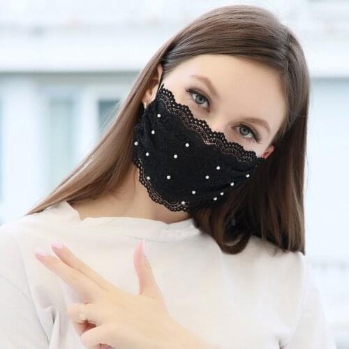 Gloves Adult Fashion Lace Mask Printed Reusable Washable Pearl Bandana Mittens Designer Mouth Cover Decoration For Face Women
