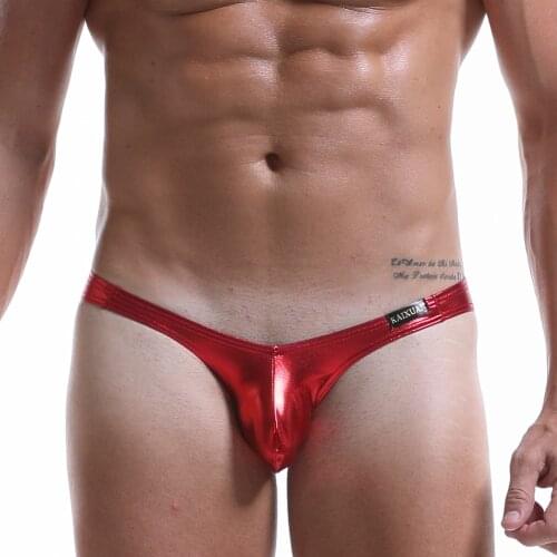 Sexy Briefs Mens Sexy Bikini Stretch Slim Imitation Leather Underpants Gold Silver Pouch Briefs Underwear Male Gay Underwear