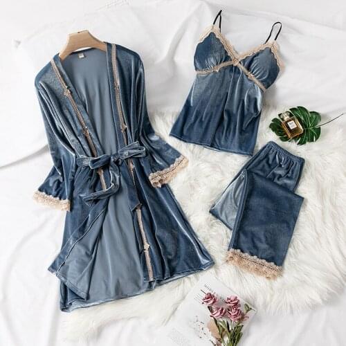 Sexy Women 3PCS Pajamas Set Velour Soft Sleepwear Nightwear Kimono Bathrobe Gown Autumn Winter New Pyjamas Nightgown Homewear