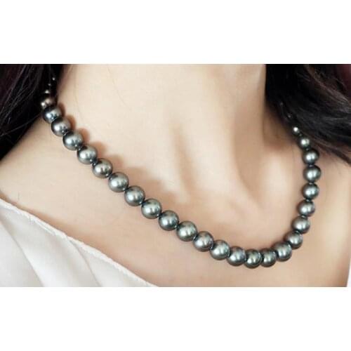 Stunning 9-10mm tahitian round black green pearl necklace 18inch 925s KKK