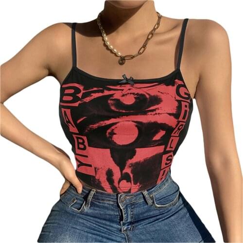 Sexy Summer Casual Womens Crop Cami Tops Sleeveless Spaghetti Strap Eye Letter Print Slim Fit Camisole