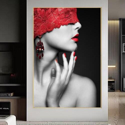Modern Red Lips Woman Canvas Painting Lace Blindfold Poster and Prints Wall Art Pictures for Living Room Interior Home Decor