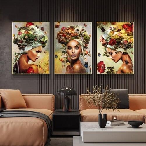 Woman Flower Butterfly Fairy Canvas Painting Abstract Beauty Black Girl Retro Posters and Prints Canvas Wall Pictures Home Decor