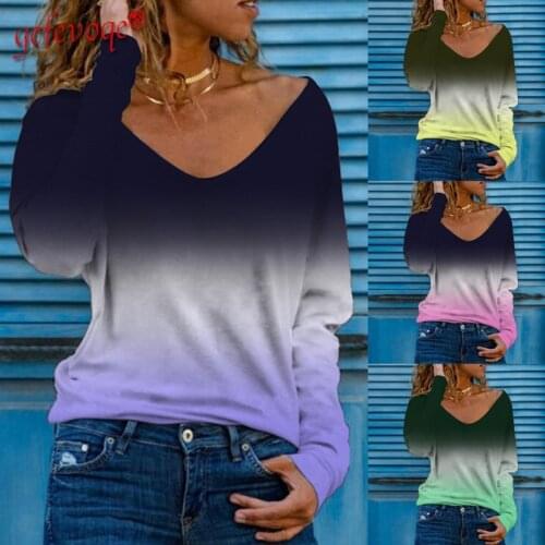Long Sleeve V Neck Gradient Color Print Womens Clothes Fashion Casual Loose Lady Top Vintage Harajuku Tees Simple T Shirt Femme