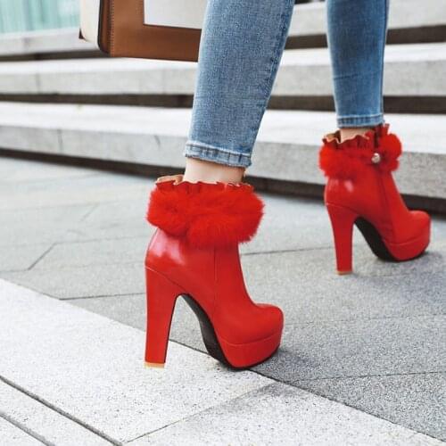 Real Rabbit Fur Lined Boots Women Sweet Ruffle High Heels Platform Ankle Boot Woman Round Toe Red Black White Autumn Winter Shoe