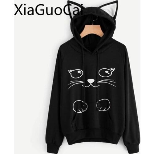 Cute Cat Cartoon Women Hoodies & Sweatshirts Knitted Pullover Printed Long Sleeve Spring & Autumn Hoodies Tops Lu5 35