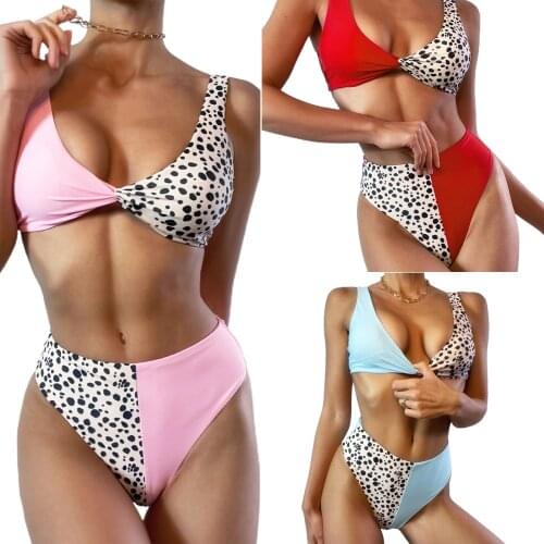 Female Two-Piece Bathing Suit Leopard Print Padded Bikini Tops+ High Waist Bikini Panties for Summer