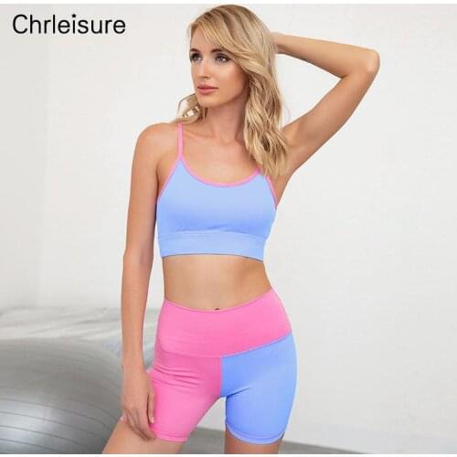 CHRLEISURE Women Two Piece Set Summer Push Up Patchwork Bras And High Waist Shorts Suits Quick Dry Female Sport Workout Outfits