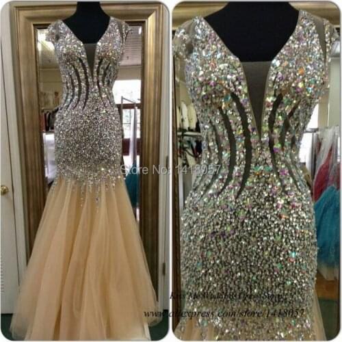 Abendkleider Crystal 2015 Bling Champagne Backless Mermaid Prom Dress Women Long Evening Gowns Formal Dresses Vestido Formatura