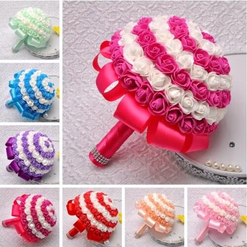 2021 Hot Sale Beautiful Candy Color PE Rose Bridesmaid Wedding Bridal Bouquet Bride Romantic Ribbon Bouquet De Noiva Customized