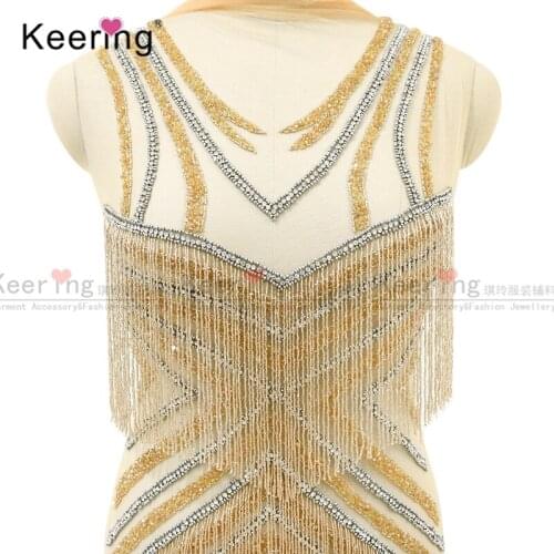 Large crystal rhinestone fabric beaded panel Waterfall dangling bodice applique jewelry for wedding dress WDP-273