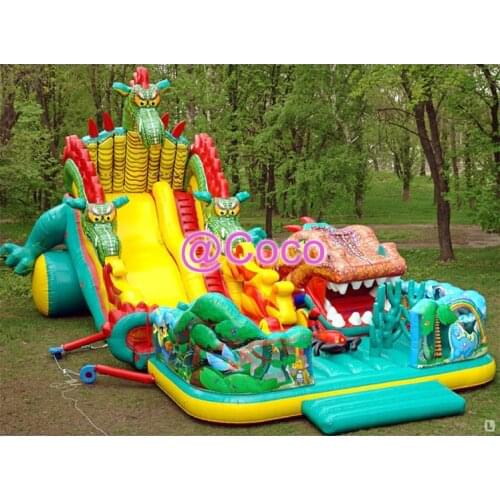 Free shipment to sea port! newest style inflatable dragon slide, 8x6m big commerical kids inflatable jumper bouncy slide toy