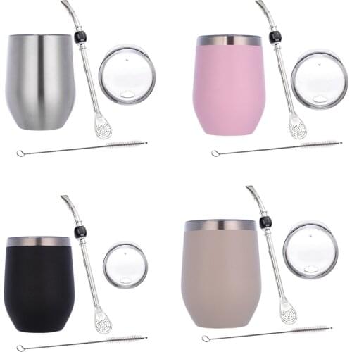 Double-Wall Stainless Yerba Gourd Mate Tea Set Water Mate Tea Cup with Lid Head Filter Spoon Straw Bombilla Brush