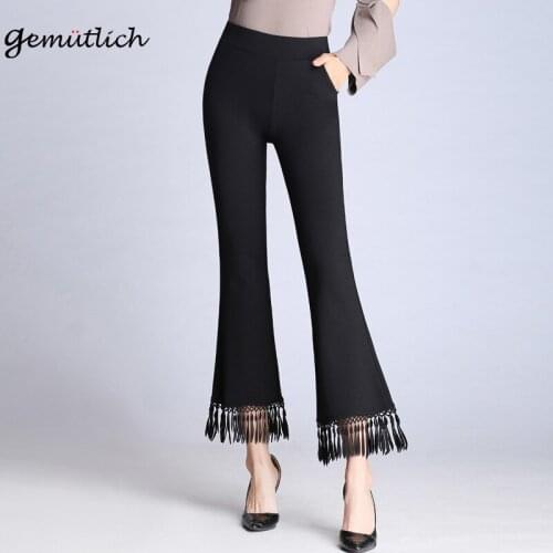 GEMUTLICH Plus size Women Flare Pants Tassels Slim Elastic Waist Trousers S-9XL Fashion Black White