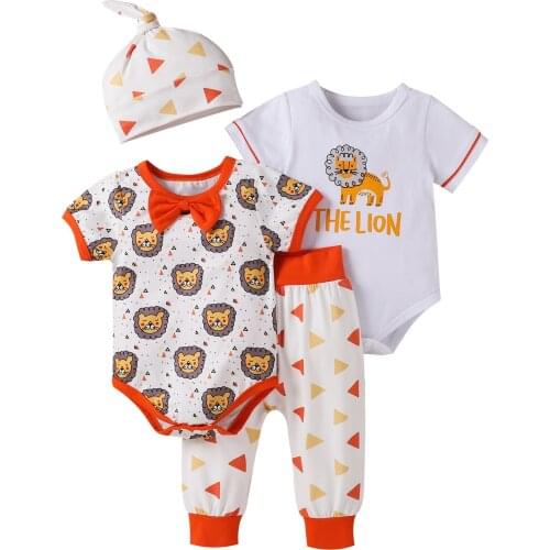 Citgeett Summer Newborn Baby Boys Girls Outfits Lion Pattern Short Sleeve Rompers + Triangle Print Pants + Knotted Hat Set