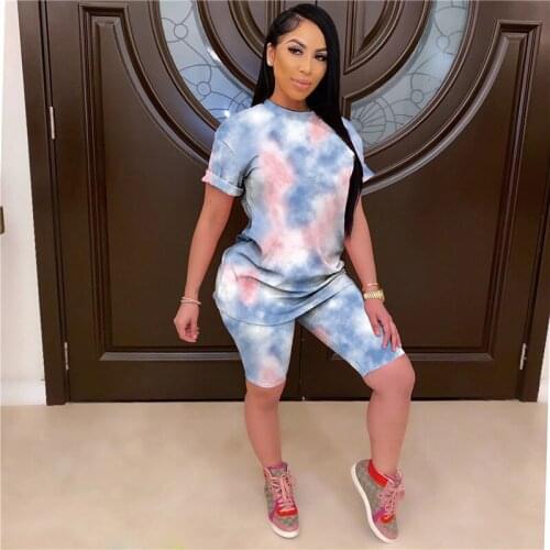 Hot Women 2Pcs Tracksuit Tie Dye Printed Printed Pajamas Sets Short Sleeve Top + Shorts Nightwear Sleepwear Loungewear