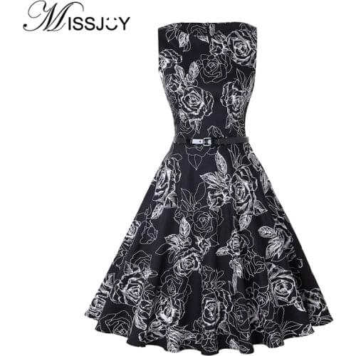 MISSJOY Womens Vintage Retro 50s Sleeveless Floral Printed Round Neck Zipper A-line Knee Length Swing Party Dress with Belt