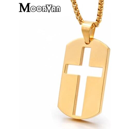 Moorvan fashion dog tags gold color stainless steel hollow cross necklace box chain crucifix pendant necklaces for mens womens