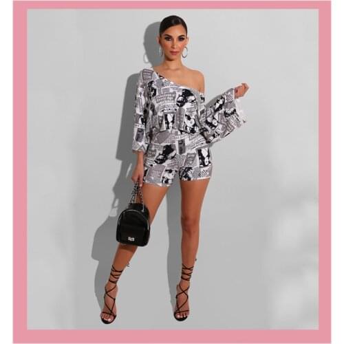 Fashion Summer Newspaper Tracksuit Top T shirt And Biker Shorts Off shoulder Two Piece Set Loose Sexy Outfits Clothing For Women