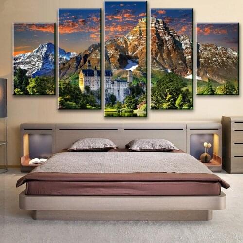 Canvas Painting Modular 5 PiecesPcs Mountain Lake Sky Tree Nature Castle HD Print Frame Wall Art Poster For Living Room Picture