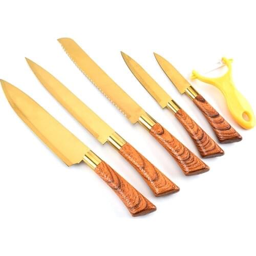 6pcs kitchen knife set vegetable peeler chef knife carving paring knife wood grain handle knife kitchen tools set