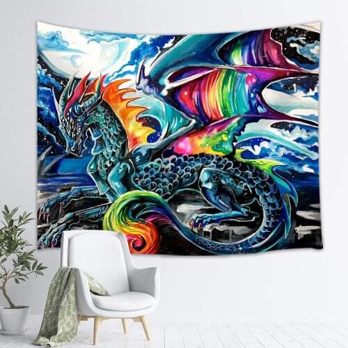 Mystic Cartoon Animals Tapestry Wall Hanging, Fantasy Watercolor Dragon with Rainbow Decor at Cloud Moon