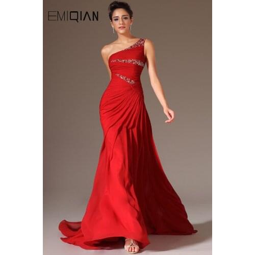 New One Shoulder Red Pageant Dress, Beaded Evening Dresses