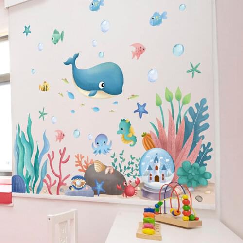 Submarine Coral Clusters Plants Wall Sticker DIY Whale Fish Wall Decals for Kids Room Baby Bedroom Bathroom House Decoration