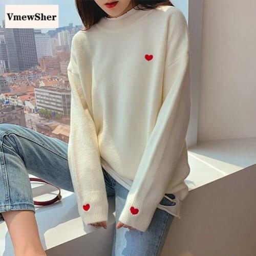 VmewSher New Embroidery Heart Sweater Women Solid Pullovers O-Neck Autumn Winter Chic Harajuku Loose Jumper Sweet Knitted Tops