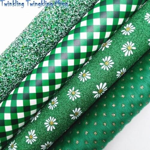 Green chunky Glitter leather, Daisy and Plaids Printed Synthetic Leather Faux Fabric Sheet For Bow 21x29CM Twinkling Ming KM383