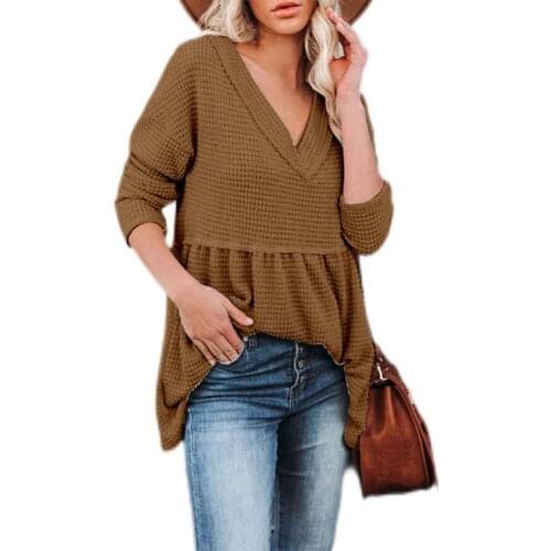 Women Blouse V-Neck Long Sleeve Women Blouse Autumn Winter Flowy Hem Solid Color Flowy Hem Loose Pleated Tunic Top Streetwear
