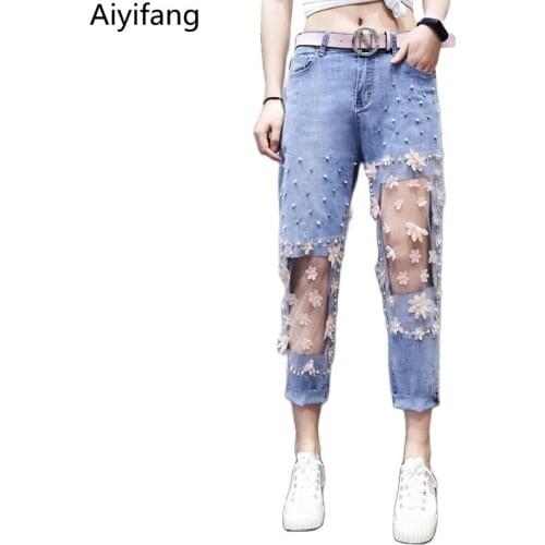 European Womens Summer Jeans Beading Hole Lace Patchwork Elasticity Cross Pants High Waist Loose Ankle-Length Denim Trousers