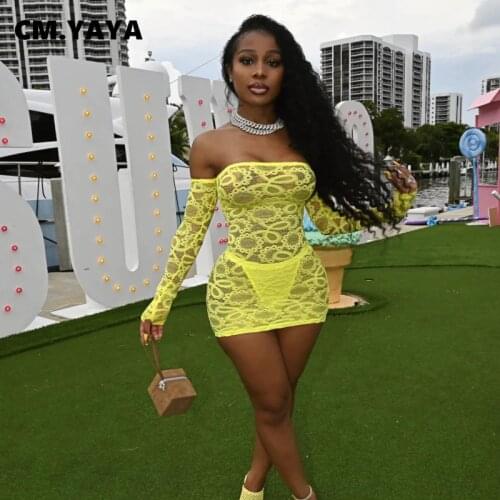 CM.YAYA Women Mini Dress Solid Mesh See-through Off Shoulder Full Sleeve Stretchy Dresses with Paties Sexy Night Vestidos Summer