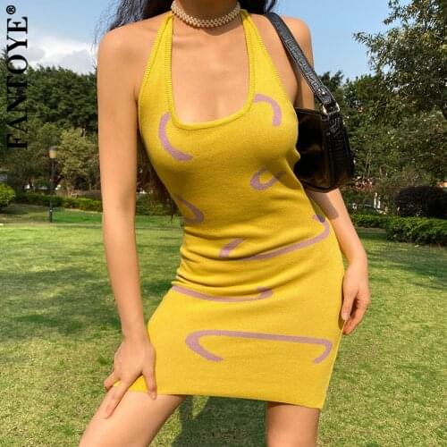 FANTOYE Women Backless Sexy Slim Bodycon Dress New Fashion Short Selveless Sling Clubwear Ladies Elegant Skinny Printed Dresses